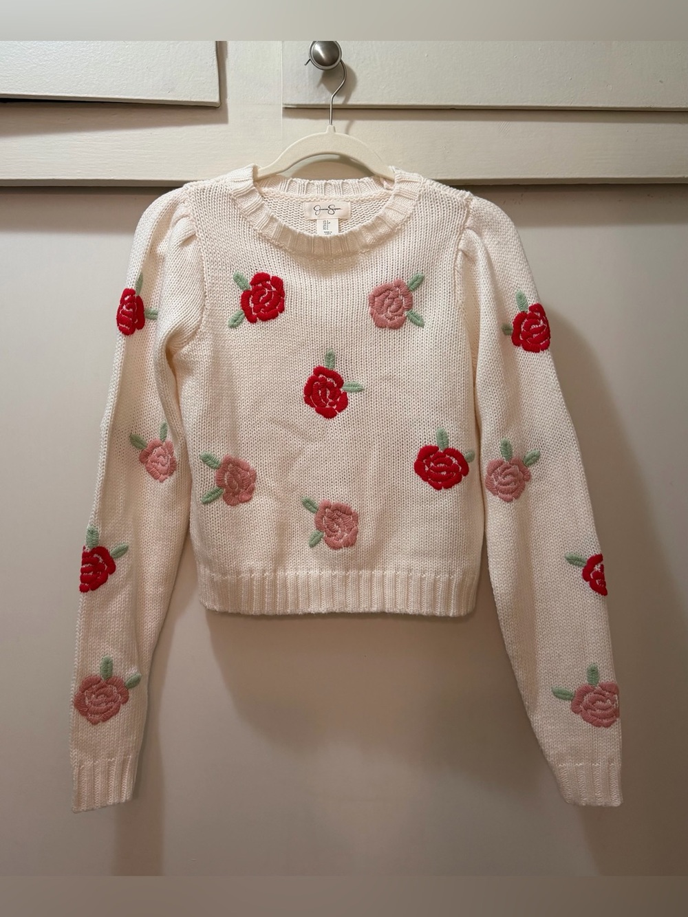 Jessica Simpson “Smell the Roses” Floral Embroidered Cottagecore Sweater S